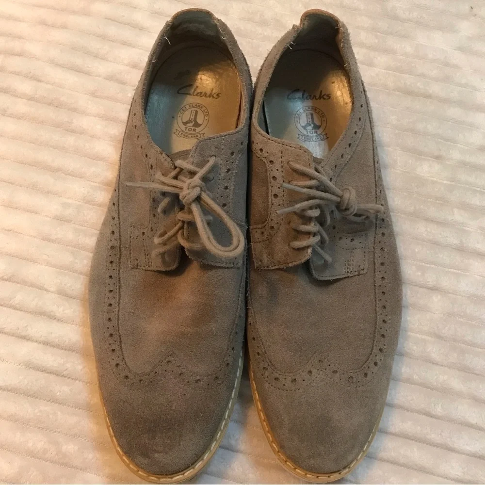 CLARKS MEN'S GAMBESON SUEDE BROGUES SAGE GREY Derby Dress Shoes Size 10.5